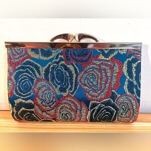 VTG Inspired Satin Floral Hard Case Clutch Purse Kiss-Lock 7.5” x 4” NWOT